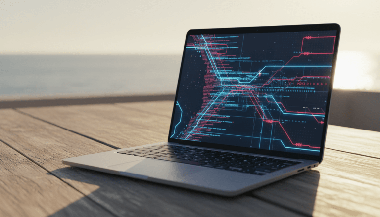 Ordenador portátil con código digital complejo sobre una mesa de madera frente al mar representando riesgos de ciberseguridad para nómadas digitales.