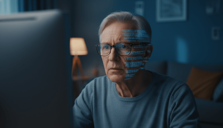 Persona mayor analizando con cautela una pantalla de ordenador en un entorno de ciberseguridad moderno