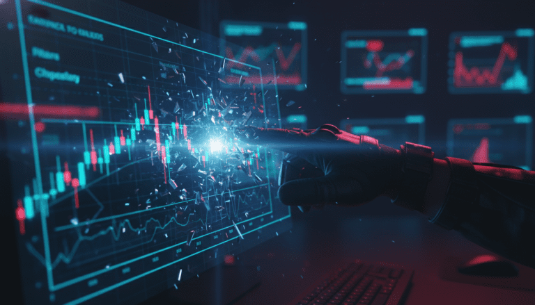 Representación conceptual de ciberseguridad financiera con gráficos bursátiles digitales siendo intervenidos en un entorno de alta tecnología.