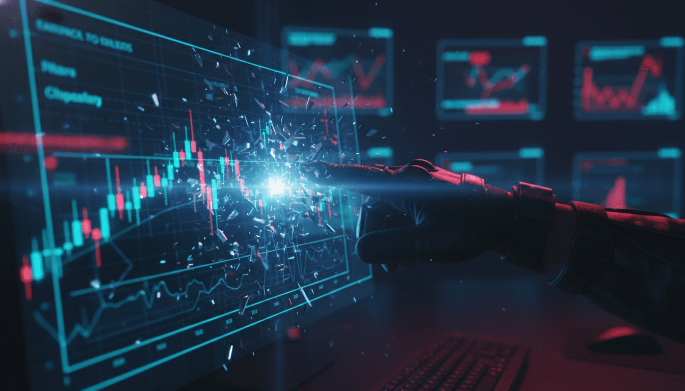 Representación conceptual de ciberseguridad financiera con gráficos bursátiles digitales siendo intervenidos en un entorno de alta tecnología.