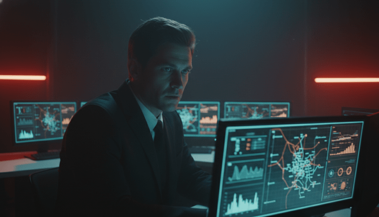 Profesional de seguridad analizando datos en un centro de control de alta tecnología durante una emergencia.