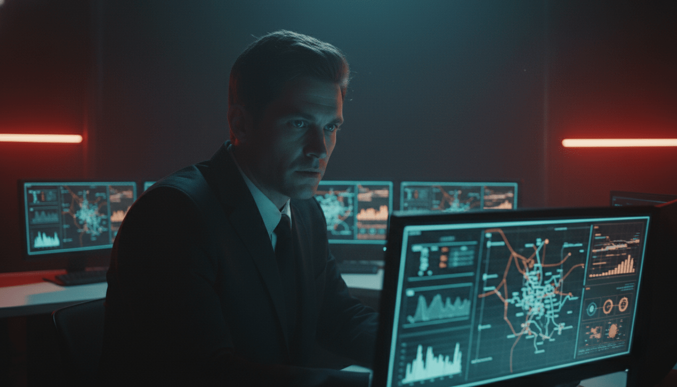 Profesional de seguridad analizando datos en un centro de control de alta tecnología durante una emergencia.