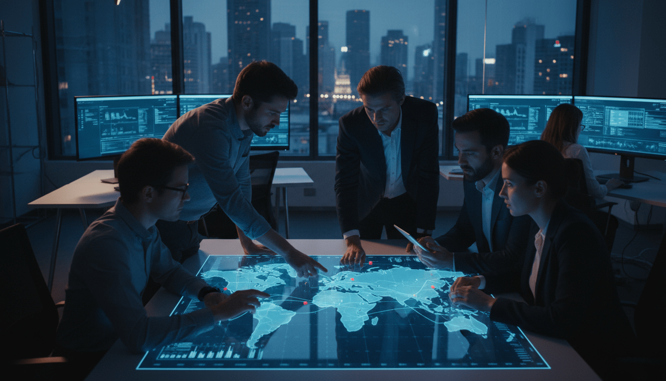 Profesionales de ciberseguridad trabajando en equipo en un entorno colaborativo de alta tecnología