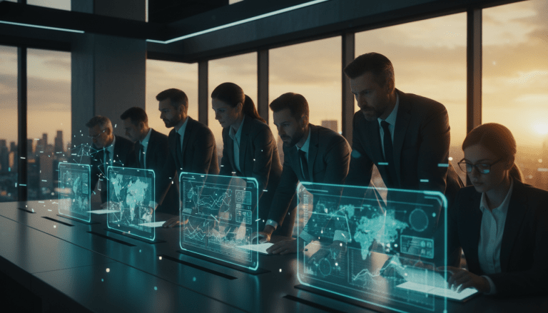 Equipo ejecutivo en sala de juntas analizando datos estratégicos durante una gestión de crisis corporativa.