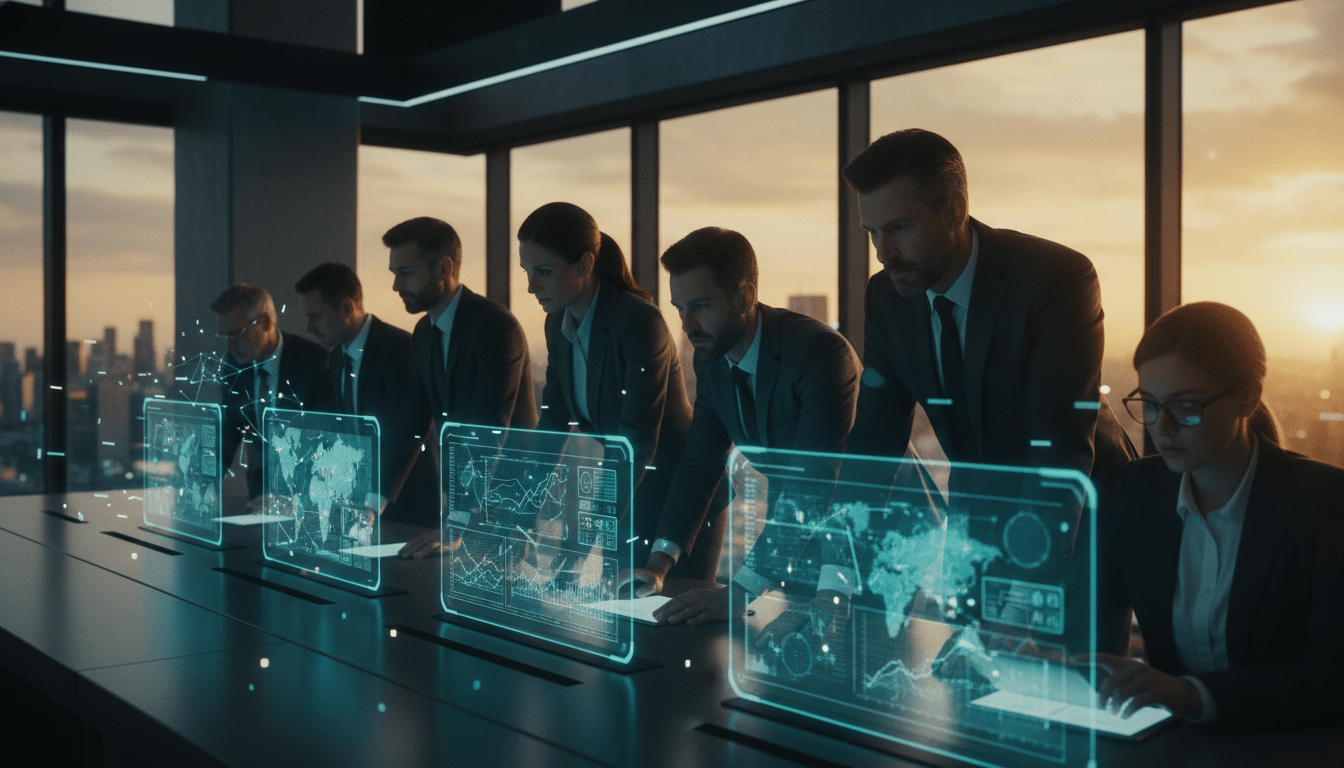 Equipo ejecutivo en sala de juntas analizando datos estratégicos durante una gestión de crisis corporativa.