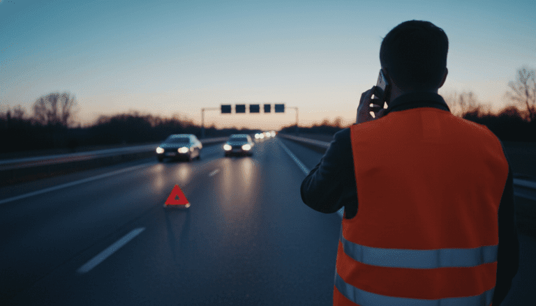 Persona con chaleco reflectante actuando como testigo en un accidente de tráfico y llamando a emergencias.