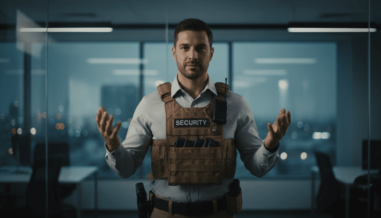 Profesional de seguridad privada utilizando técnicas de comunicación y lenguaje corporal para resolución de conflictos