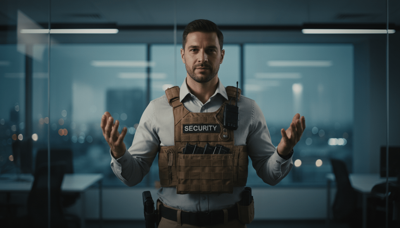 Profesional de seguridad privada utilizando técnicas de comunicación y lenguaje corporal para resolución de conflictos