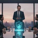 Estratega de ciberseguridad explicando la gestión de riesgos y el retorno de inversión en una reunión con la junta directiva.