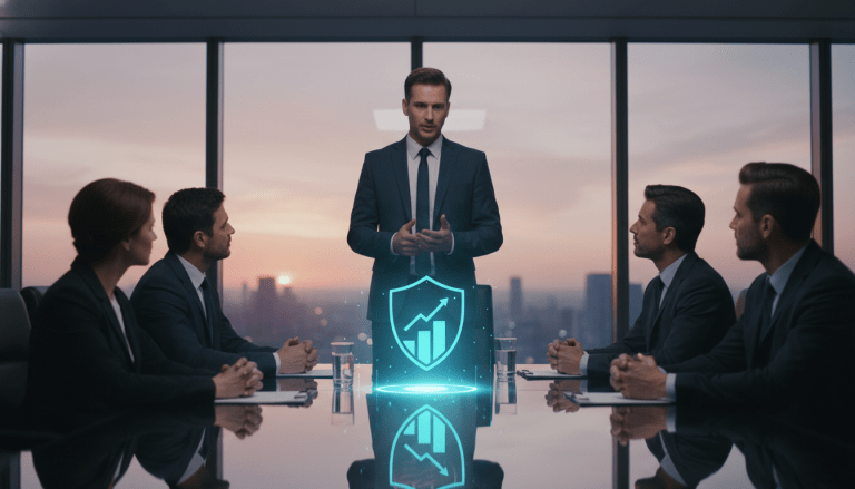 Estratega de ciberseguridad explicando la gestión de riesgos y el retorno de inversión en una reunión con la junta directiva.