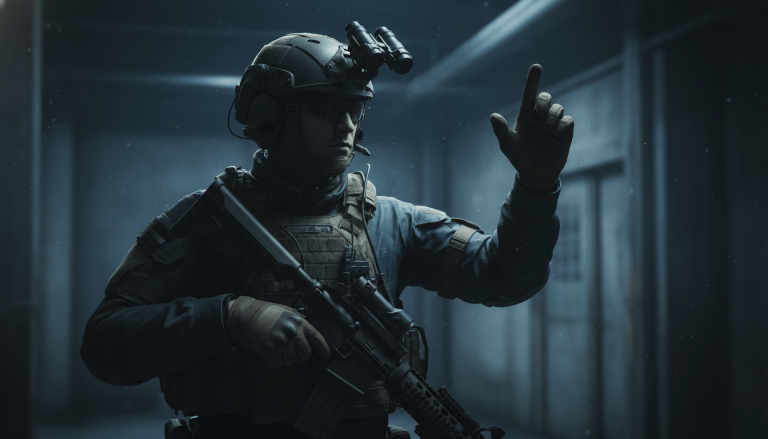 Operador táctico de élite realizando señales manuales silenciosas en una misión de alta presión
