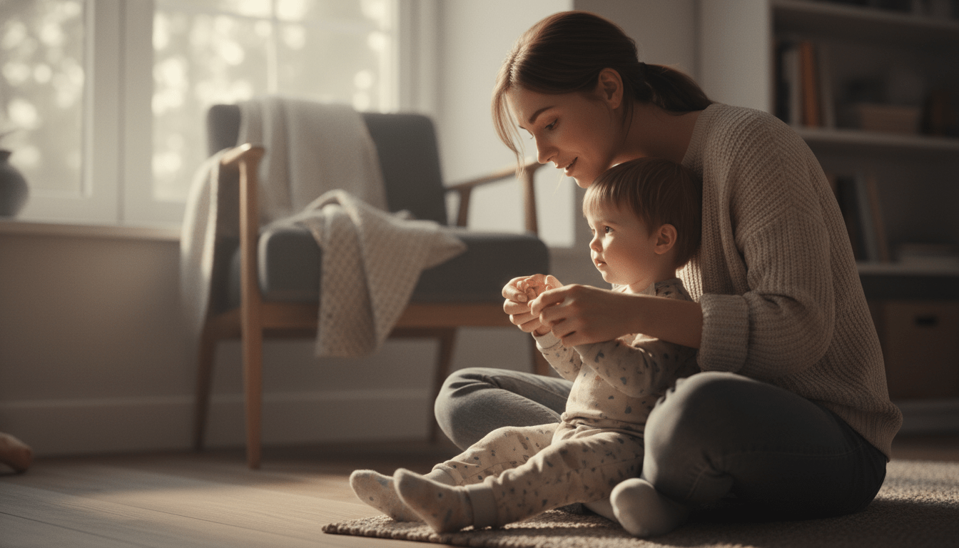 Madre brindando apoyo emocional y seguridad a su hijo mediante una conversación calmada en casa.