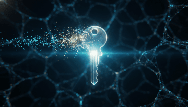 Representación visual de la confidencialidad directa perfecta mediante una llave de datos digital y conexiones seguras.