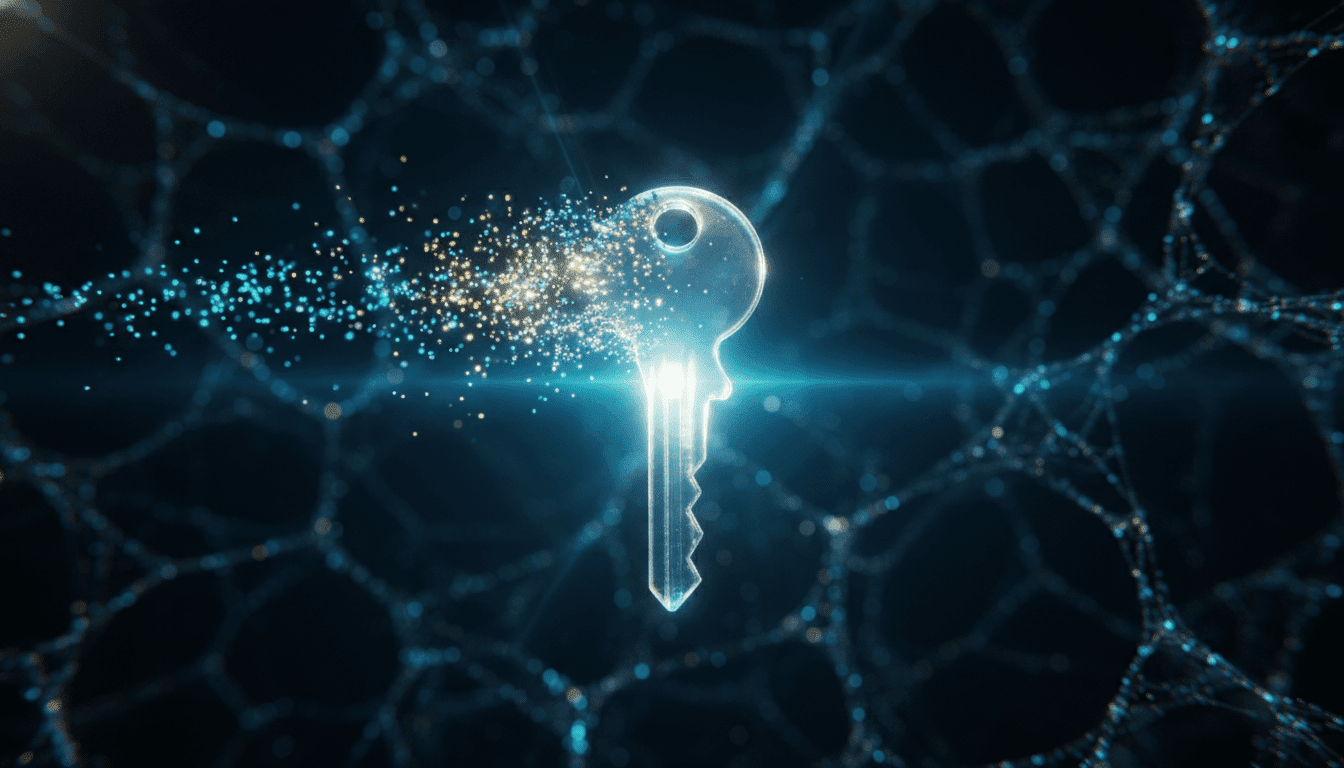 Representación visual de la confidencialidad directa perfecta mediante una llave de datos digital y conexiones seguras.
