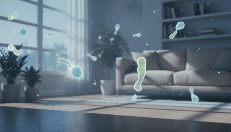 Representación visual de amenazas biológicas microscópicas en un entorno doméstico cotidiano para la prevención de riesgos.