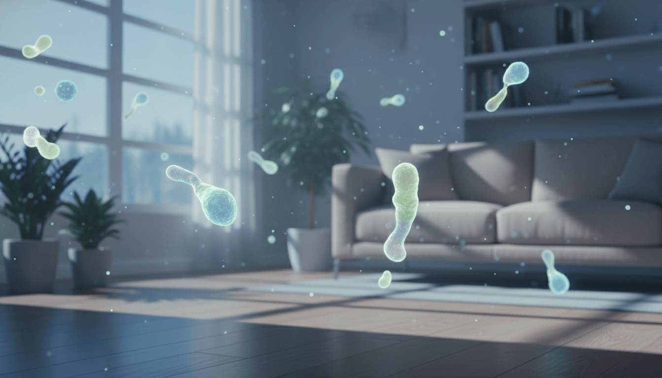 Representación visual de amenazas biológicas microscópicas en un entorno doméstico cotidiano para la prevención de riesgos.