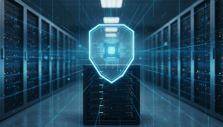 Representación visual de seguridad de la información como servicio SECaaS con escudos digitales y servidores en la nube