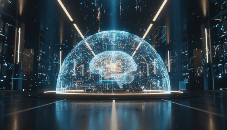 Representacion conceptual de seguridad en inteligencia artificial con un escudo protector de luz sobre un nucleo digital.