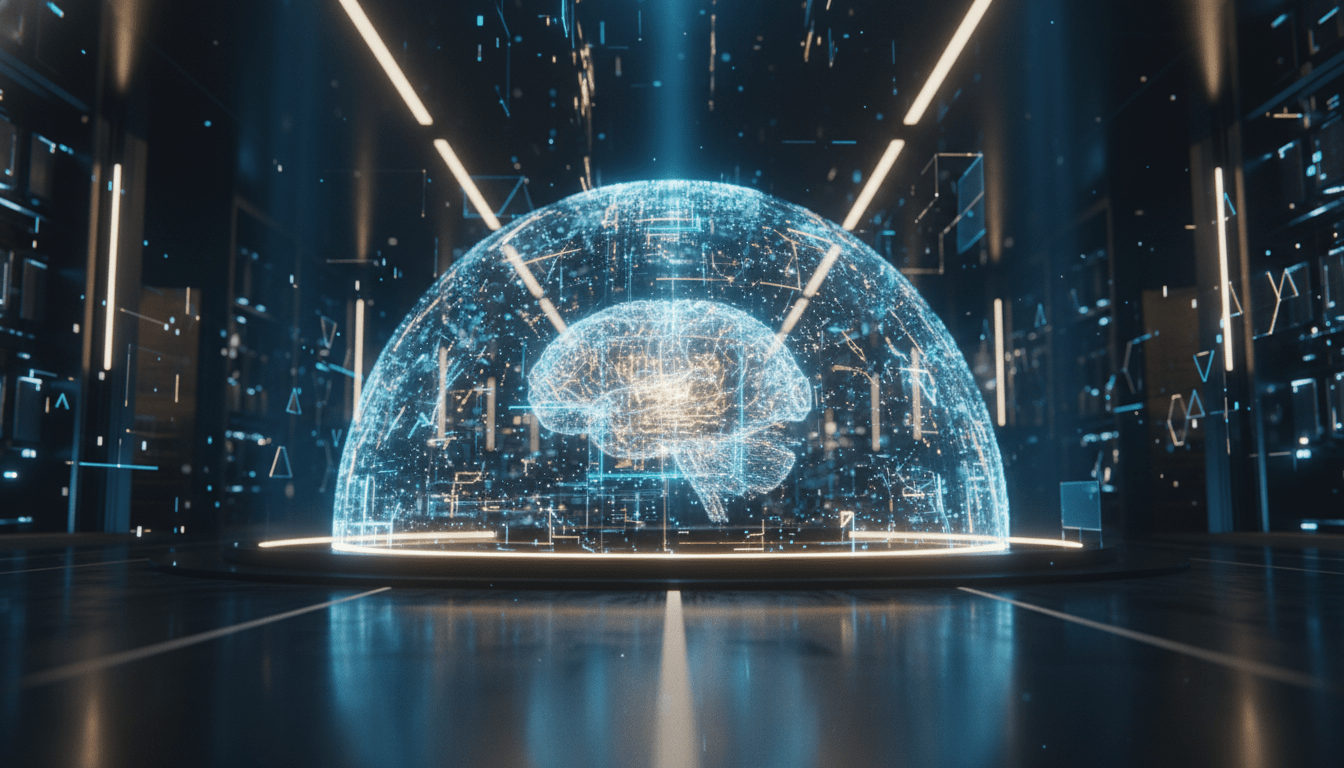 Representacion conceptual de seguridad en inteligencia artificial con un escudo protector de luz sobre un nucleo digital.