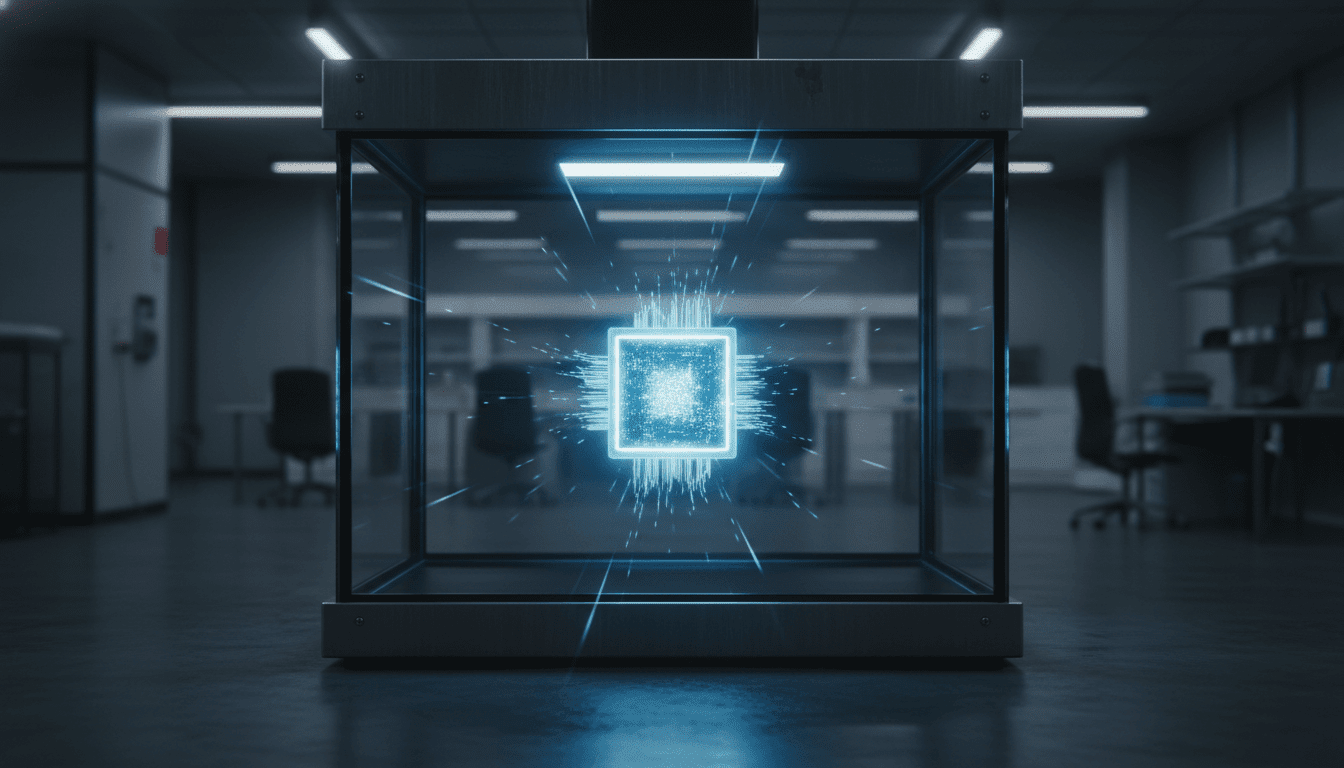 Camara de aislamiento digital representando el concepto de sandbox informatico en un laboratorio de alta tecnologia