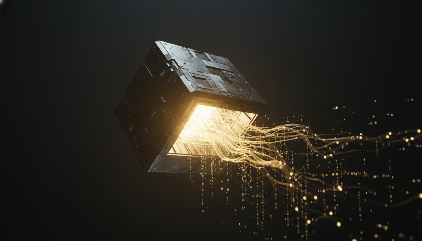 Caja metalica futurista con luz interna representando la encriptacion de extremo a extremo en seguridad digital