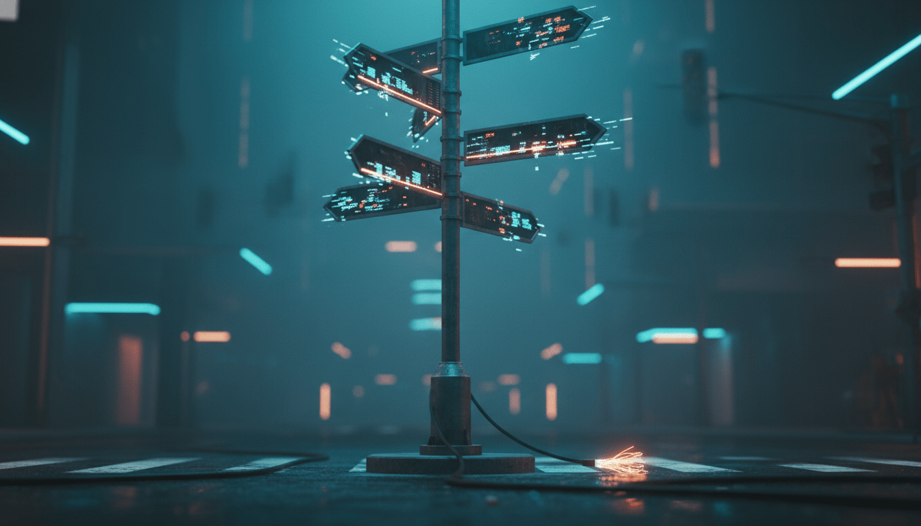 Infraestructura digital compleja simbolizando un ciberataque de envenenamiento de DNS con señales confusas.