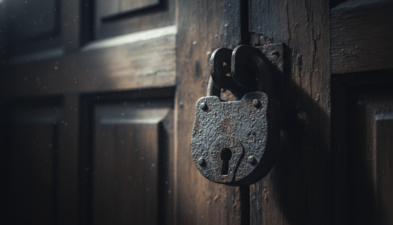 Candado antiguo en una puerta oscura representando el concepto de seguridad por oscuridad en ciberseguridad