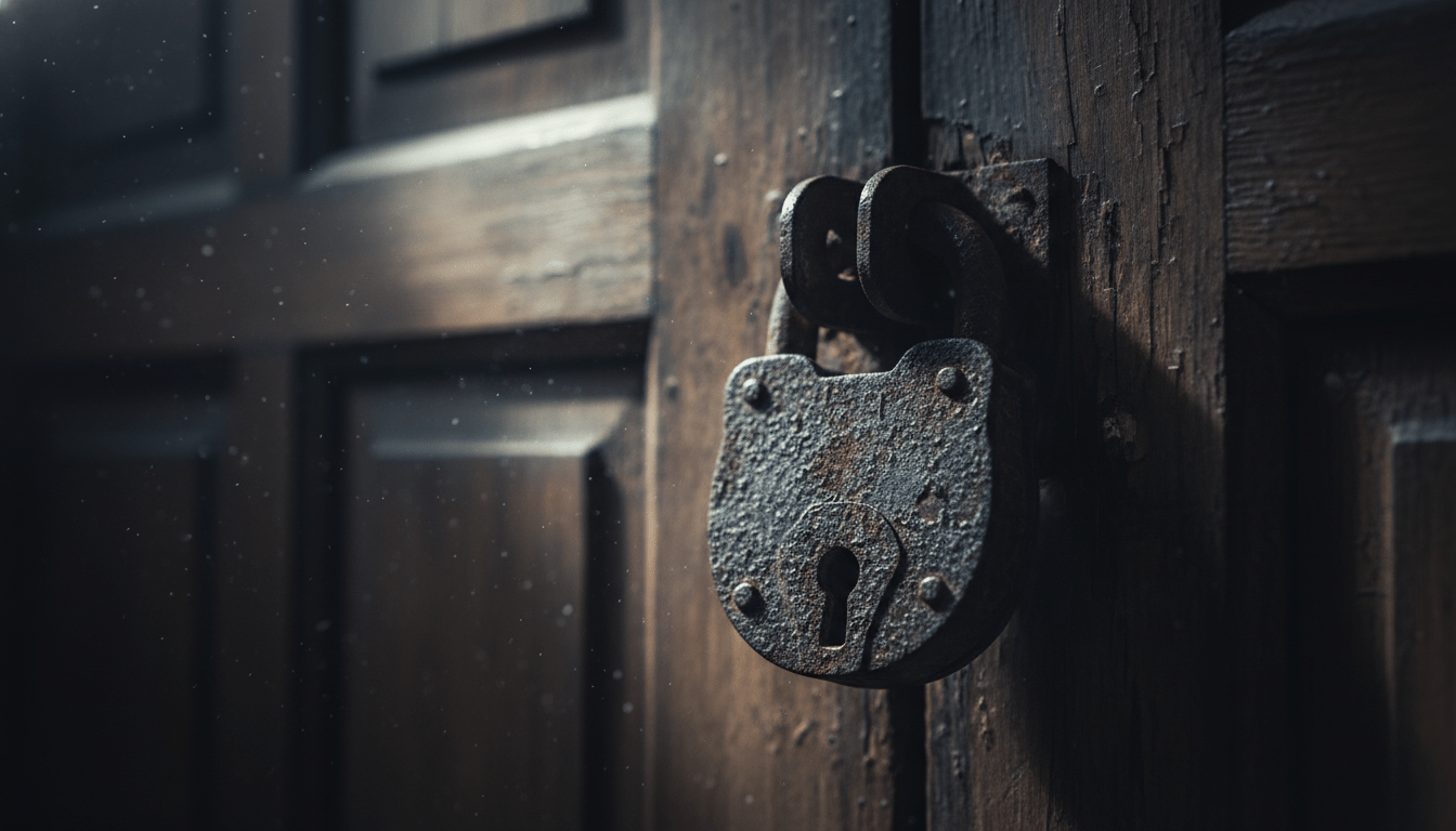 Candado antiguo en una puerta oscura representando el concepto de seguridad por oscuridad en ciberseguridad