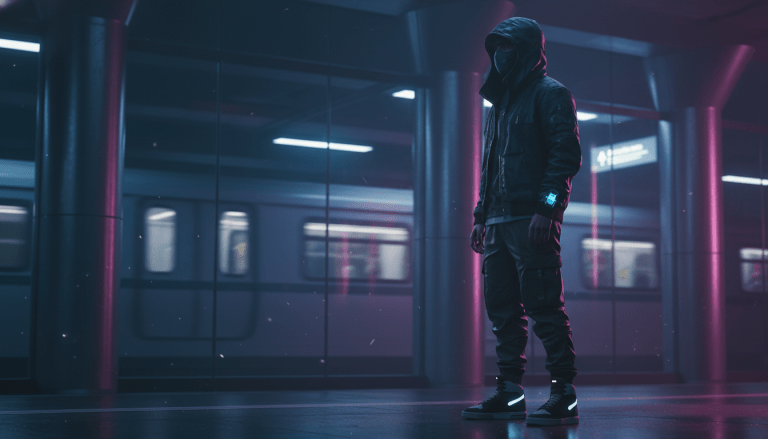 Viajero urbano practicando conciencia situacional en una estación de metro moderna durante la noche