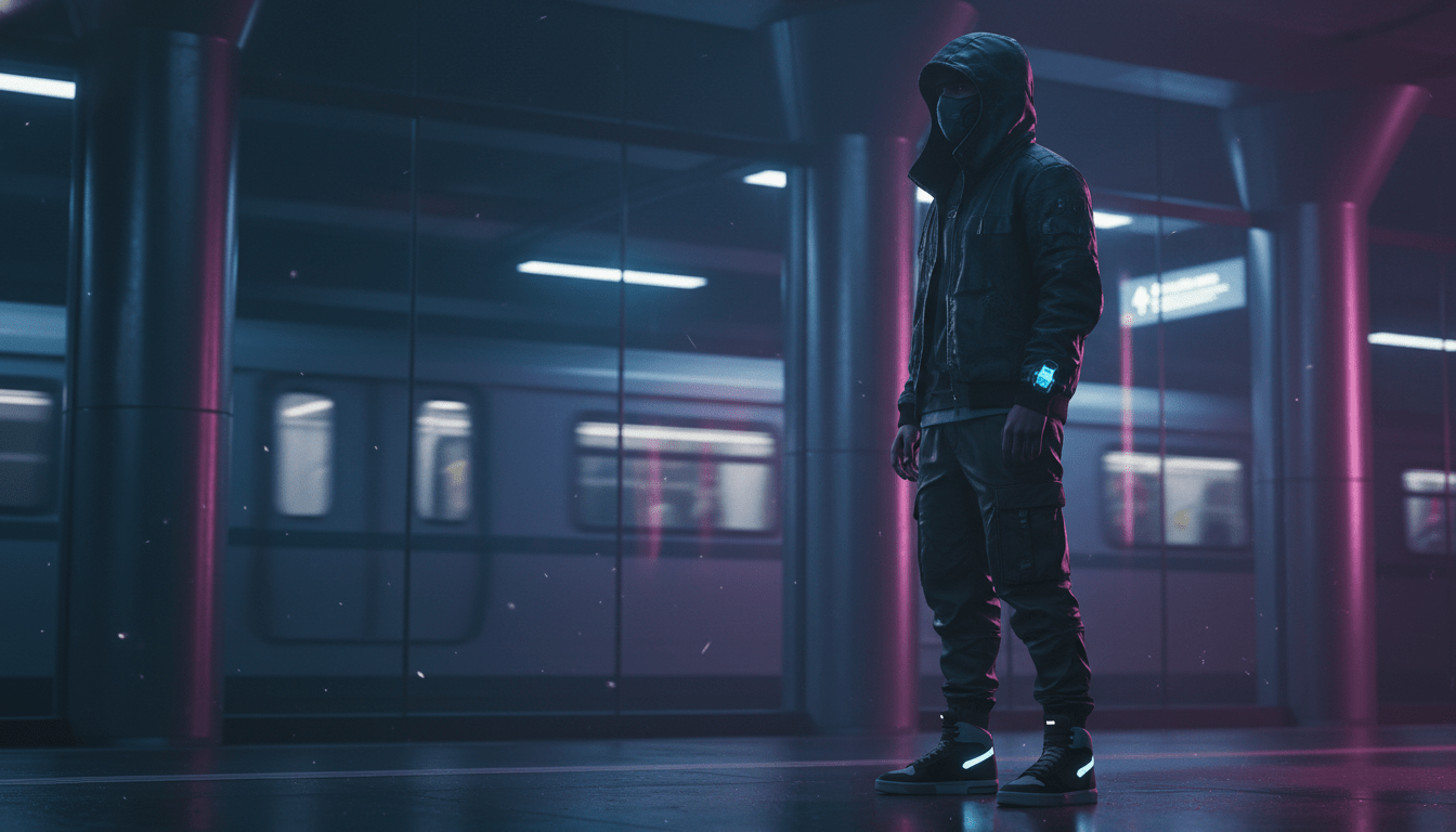 Viajero urbano practicando conciencia situacional en una estación de metro moderna durante la noche