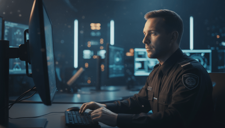Profesional de seguridad analizando monitores digitales en una sala de control moderna y tecnológica.