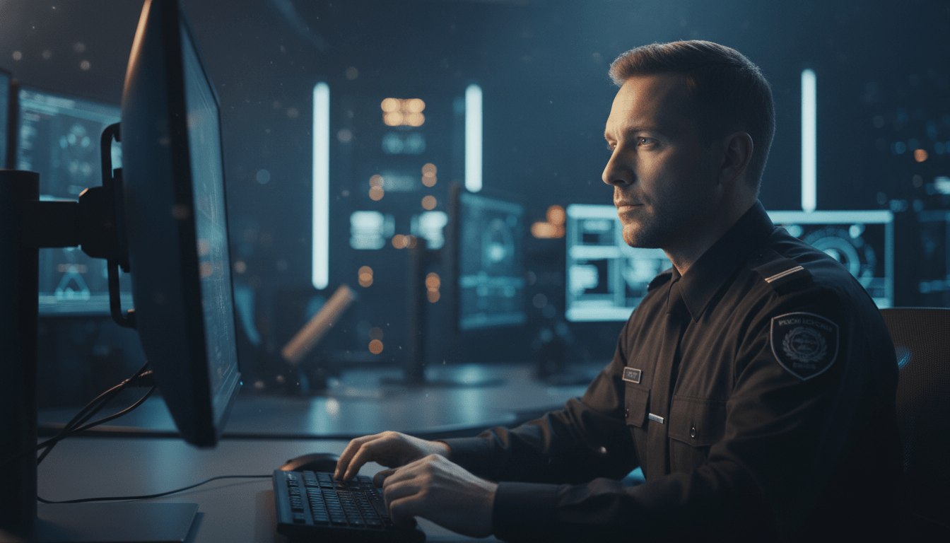 Profesional de seguridad analizando monitores digitales en una sala de control moderna y tecnológica.