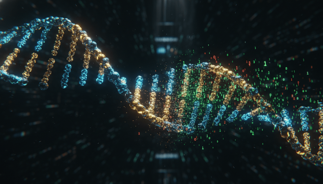 Representacion conceptual de la fusion entre el codigo genetico humano y datos digitales de ciberseguridad.