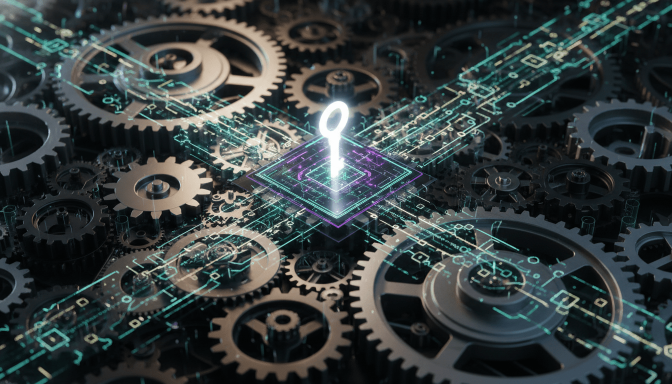 Ilustracion conceptual de ciberseguridad con engranajes digitales y llaves de cifrado en un entorno tecnologico avanzado.