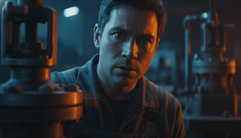 Operario industrial sintiendo miedo de reportar una falla en una válvula en una fábrica nocturna