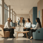 Grupo diverso de profesionales y padres colaborando en una estrategia de seguridad escolar empática y moderna.