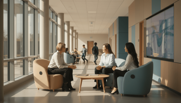 Grupo diverso de profesionales y padres colaborando en una estrategia de seguridad escolar empática y moderna.