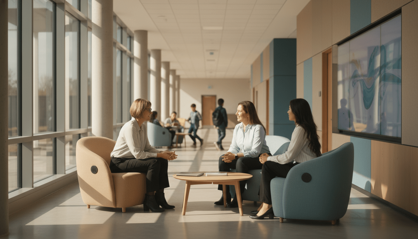 Grupo diverso de profesionales y padres colaborando en una estrategia de seguridad escolar empática y moderna.