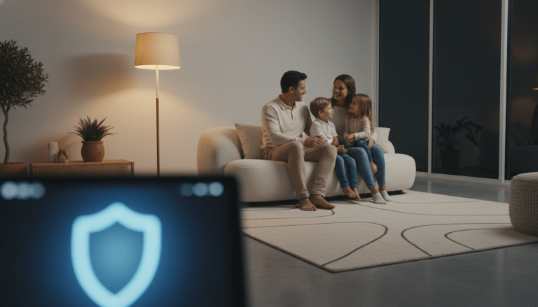 Familia moderna conversando en un hogar seguro y acogedor con un ambiente de confianza y protección digital