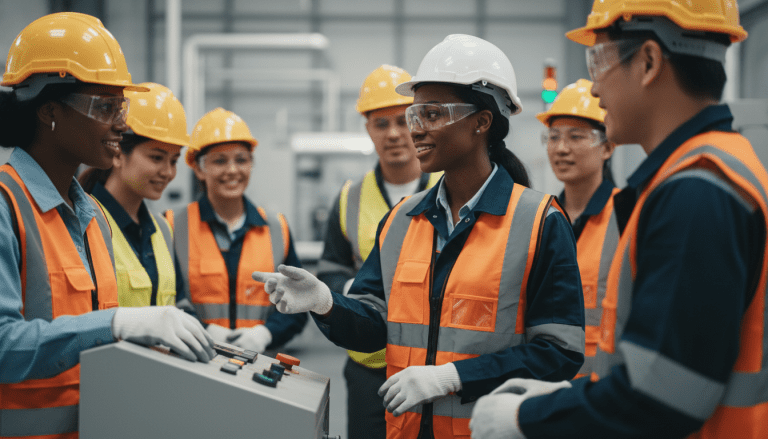 Empleados trabajando en equipo y siguiendo protocolos de seguridad industrial en una planta moderna