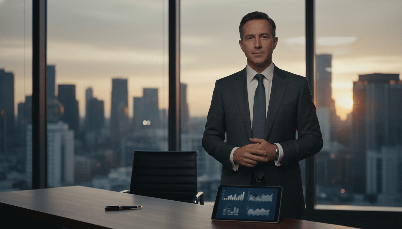 Ejecutivo de seguridad privada en una oficina de alta dirección simbolizando el ascenso profesional.