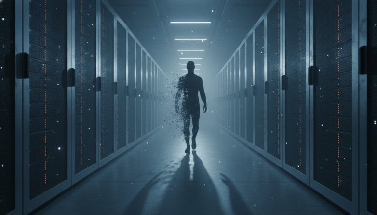Silueta de una persona desvaneciéndose entre servidores de datos, representando el derecho al olvido y la privacidad en internet.