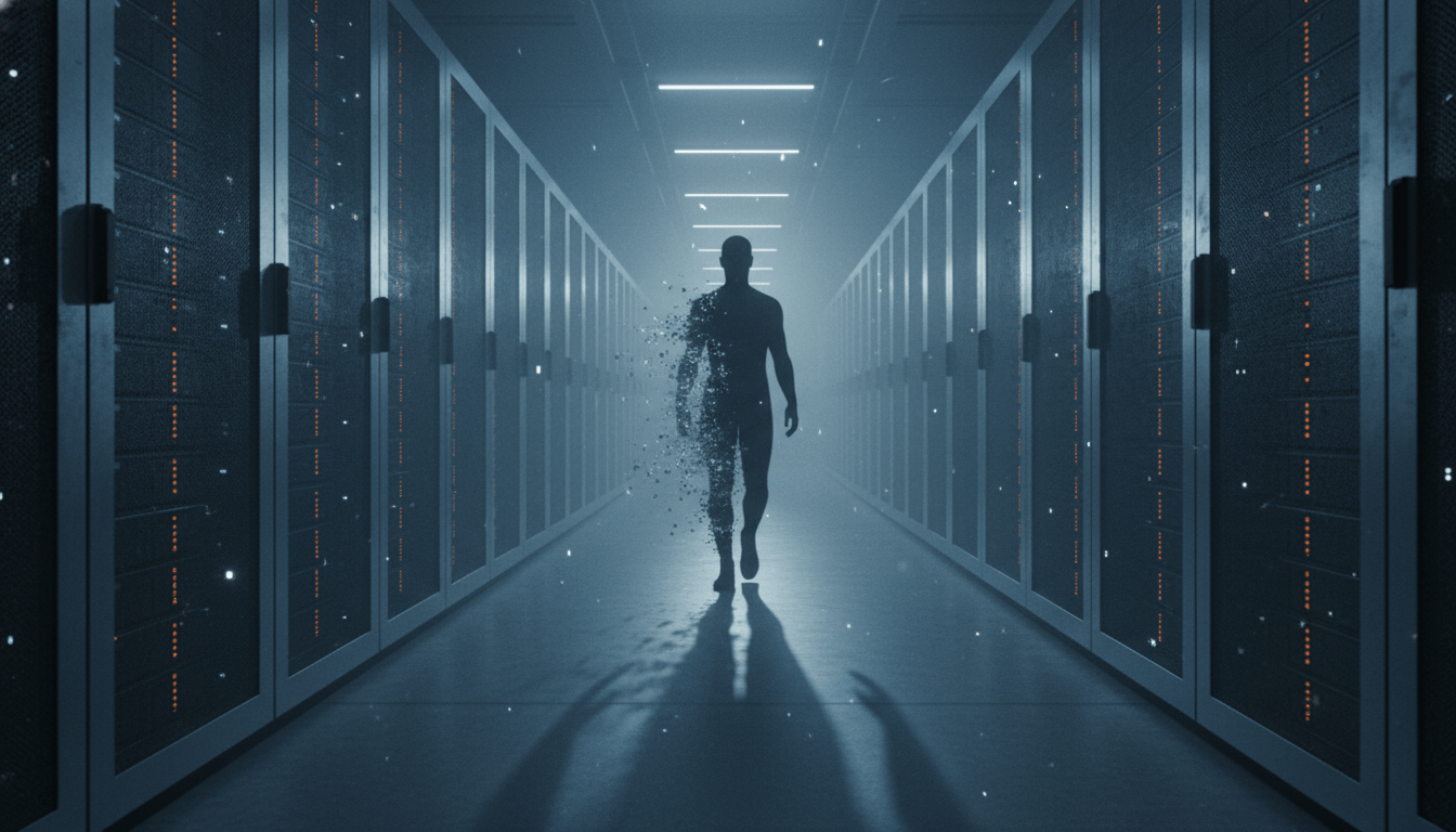 Silueta de una persona desvaneciéndose entre servidores de datos, representando el derecho al olvido y la privacidad en internet.