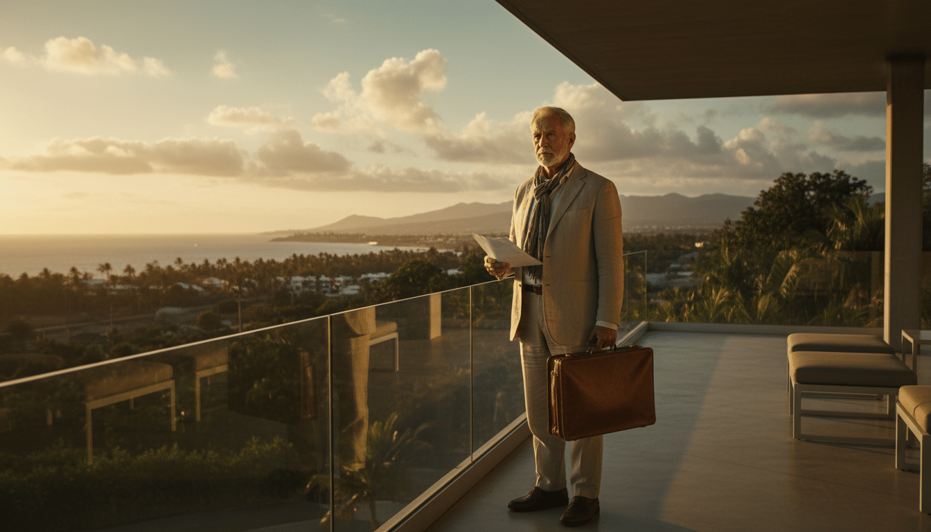 Jubilado analizando documentos financieros en una terraza con vistas tropicales representando los riesgos del retiro en el extranjero