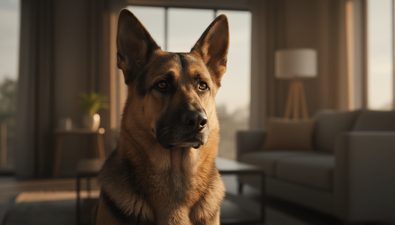 Perro de protección familiar con temperamento equilibrado sentado en el interior de un hogar moderno