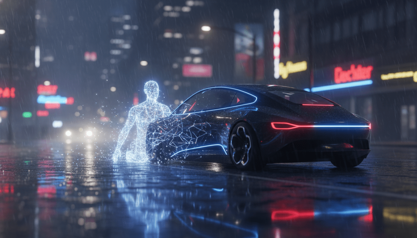 Concepto visual de inteligencia artificial y dilema ético en vehículos autónomos, mostrando tecnología y humanidad en un entorno urbano nocturno.