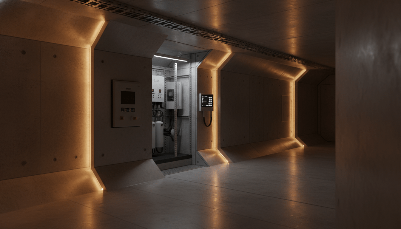 Búnker moderno de alta seguridad con sistemas de ingeniería avanzada e iluminación técnica