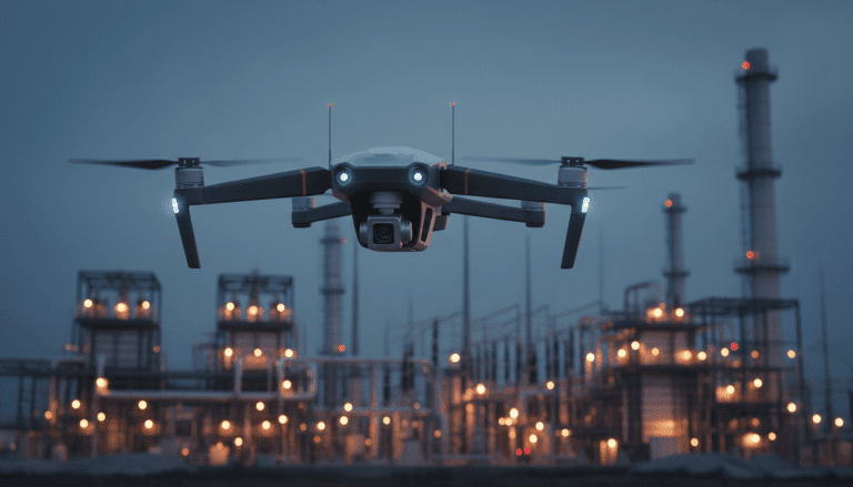 Dron de vigilancia autónomo sobrevolando una infraestructura industrial moderna de noche