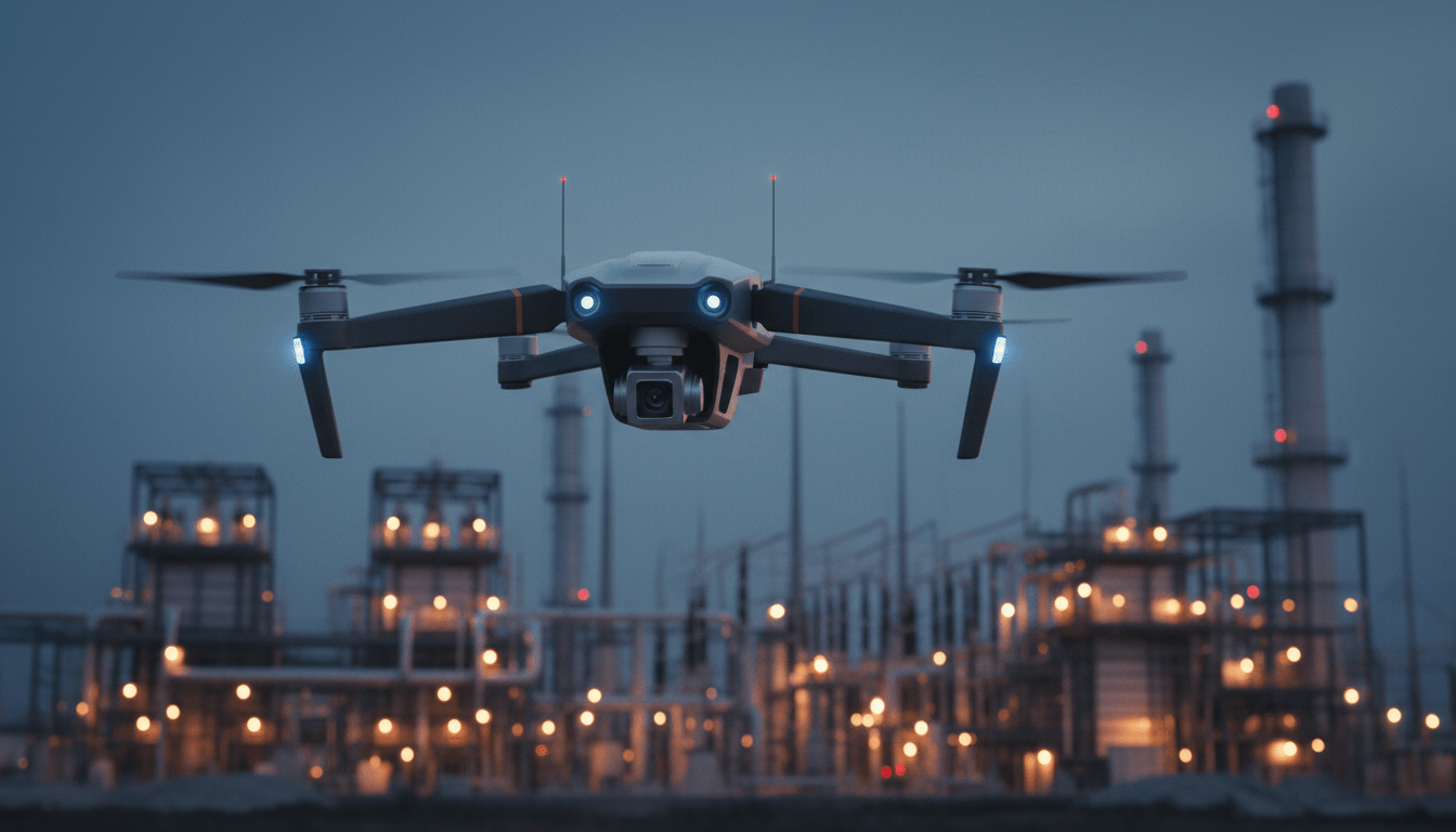 Dron de vigilancia autónomo sobrevolando una infraestructura industrial moderna de noche