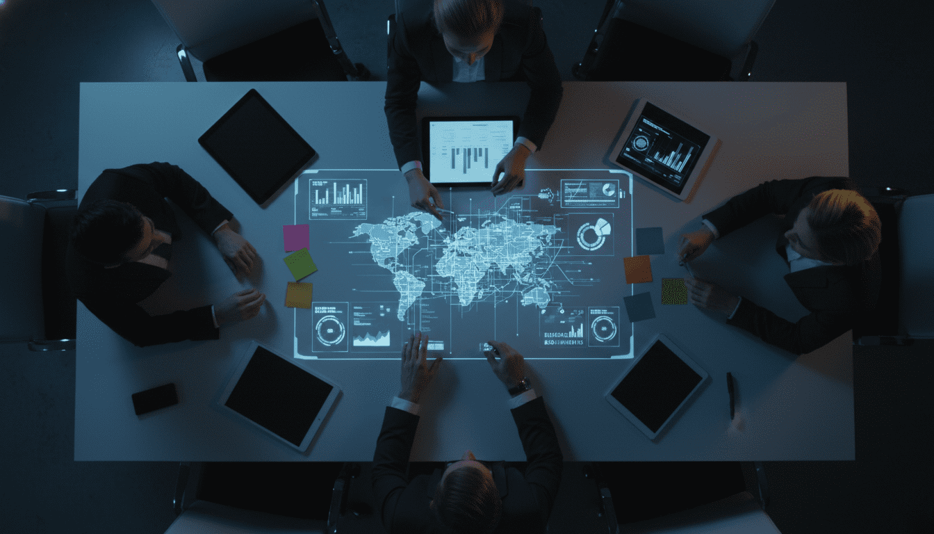 Equipo directivo participando en una simulación de gestión de crisis en una mesa de reuniones corporativa.